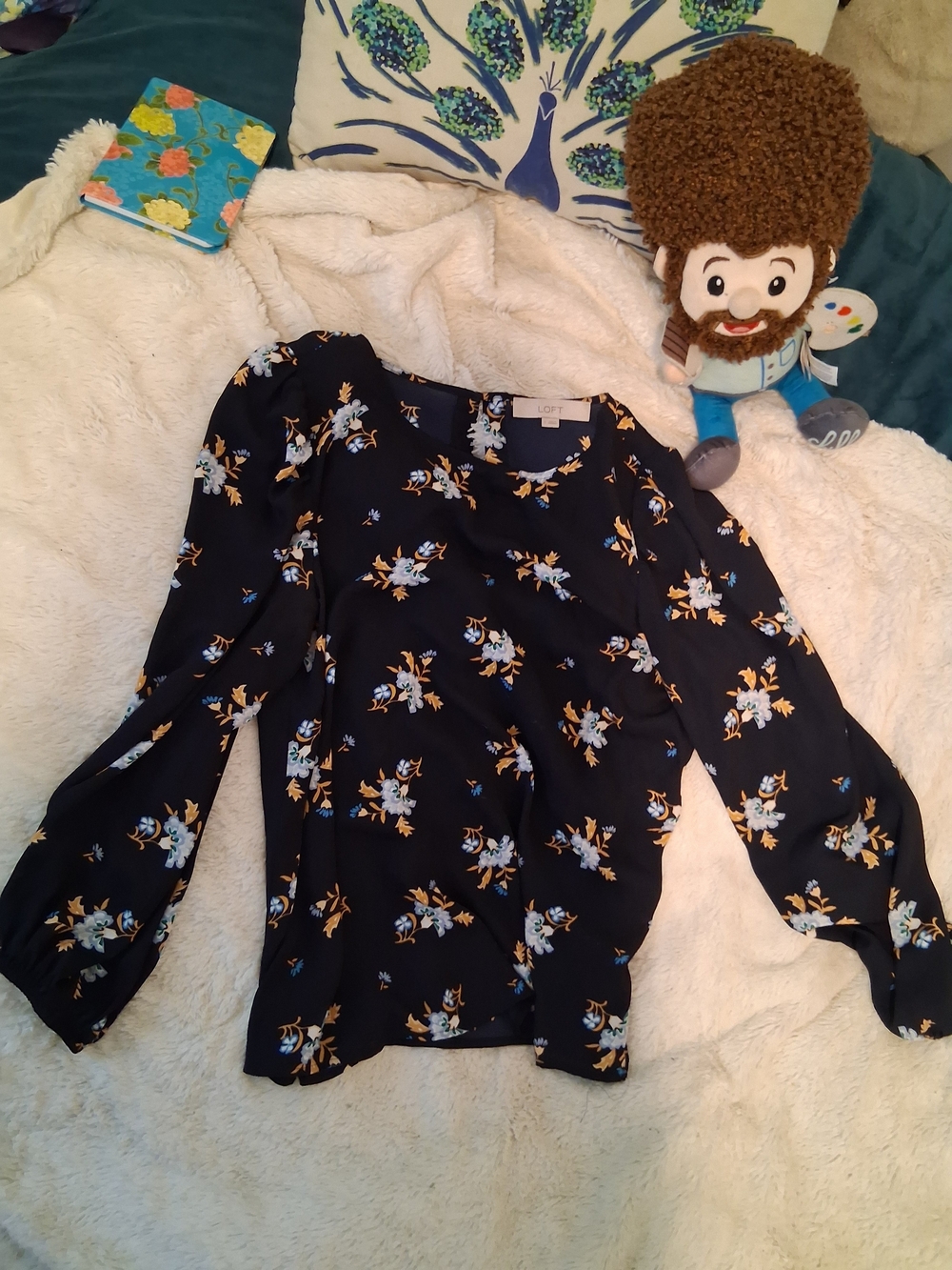 LOFT Navy Floral Button-Front Long-Sleeve Top